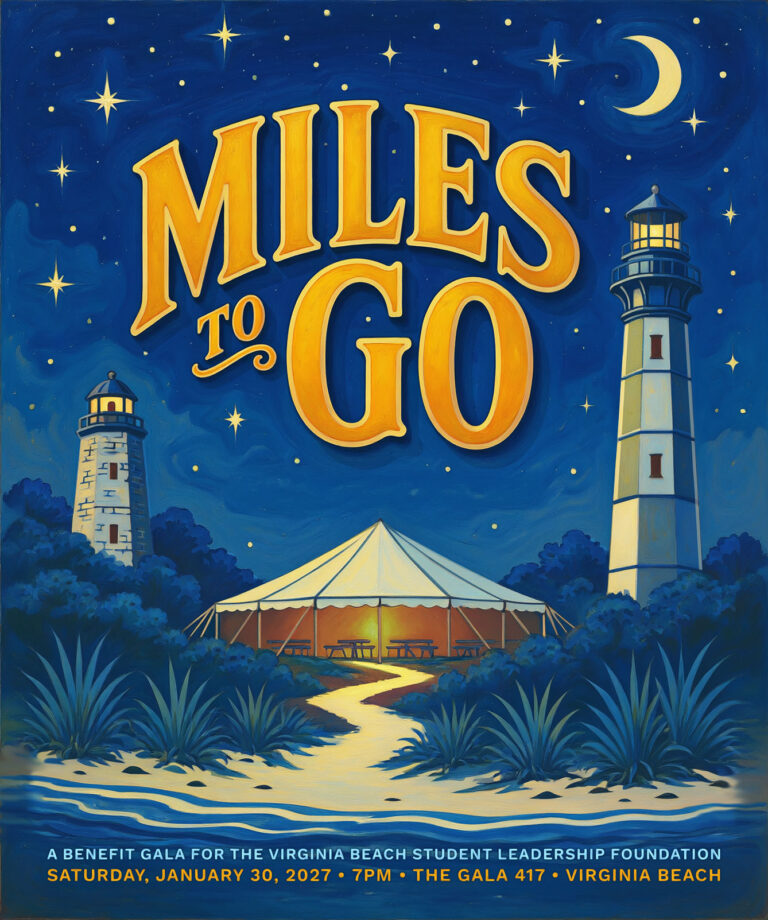 Miles to Go event poster with gold lettering over a starry Virginia Beach night and lighthouse