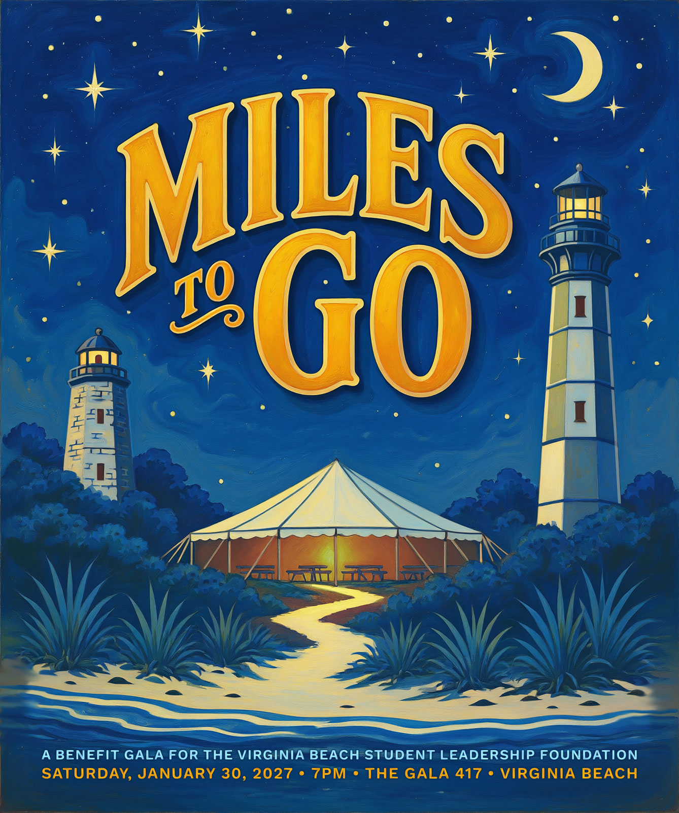 Miles to Go event poster with gold lettering over a starry Virginia Beach night and lighthouse