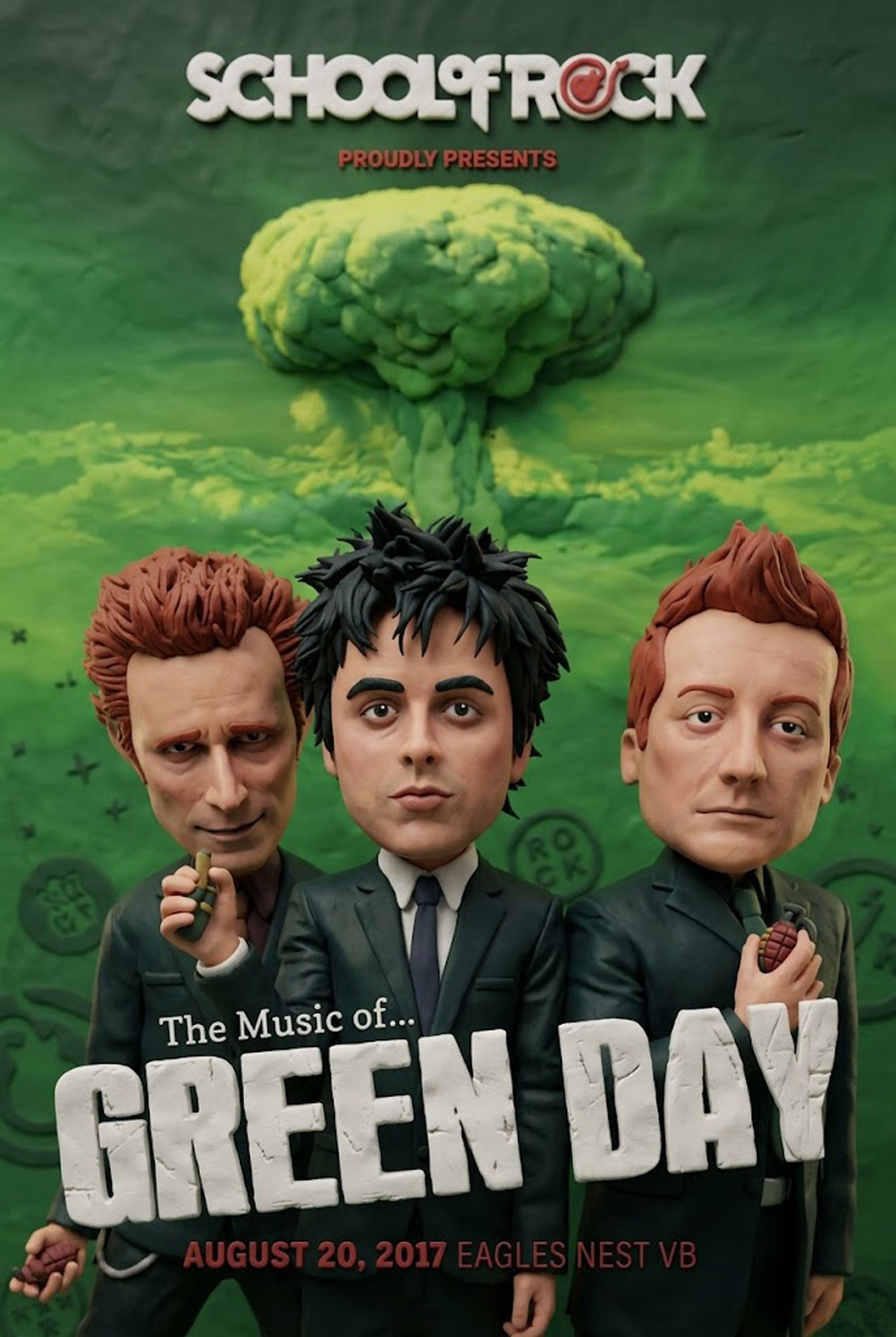 Music of Green Day tribute show poster with clay-style 3D band figures