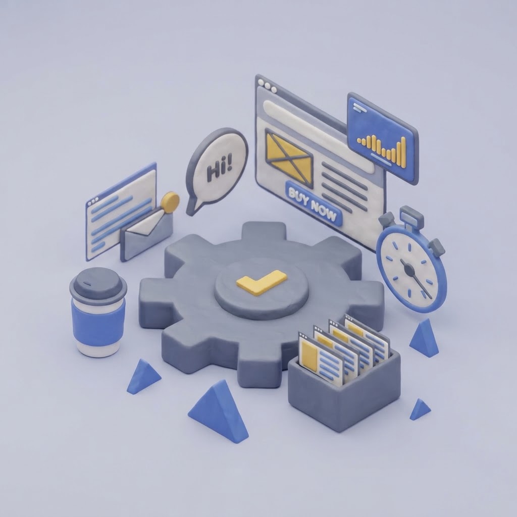 Isometric 3D illustration of connected gears and screens for Bowtie