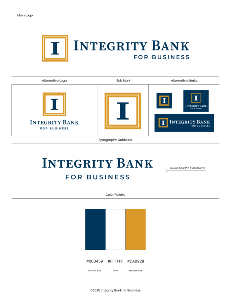 Integrity Bank for Business brand sheet with logo, colors and typography