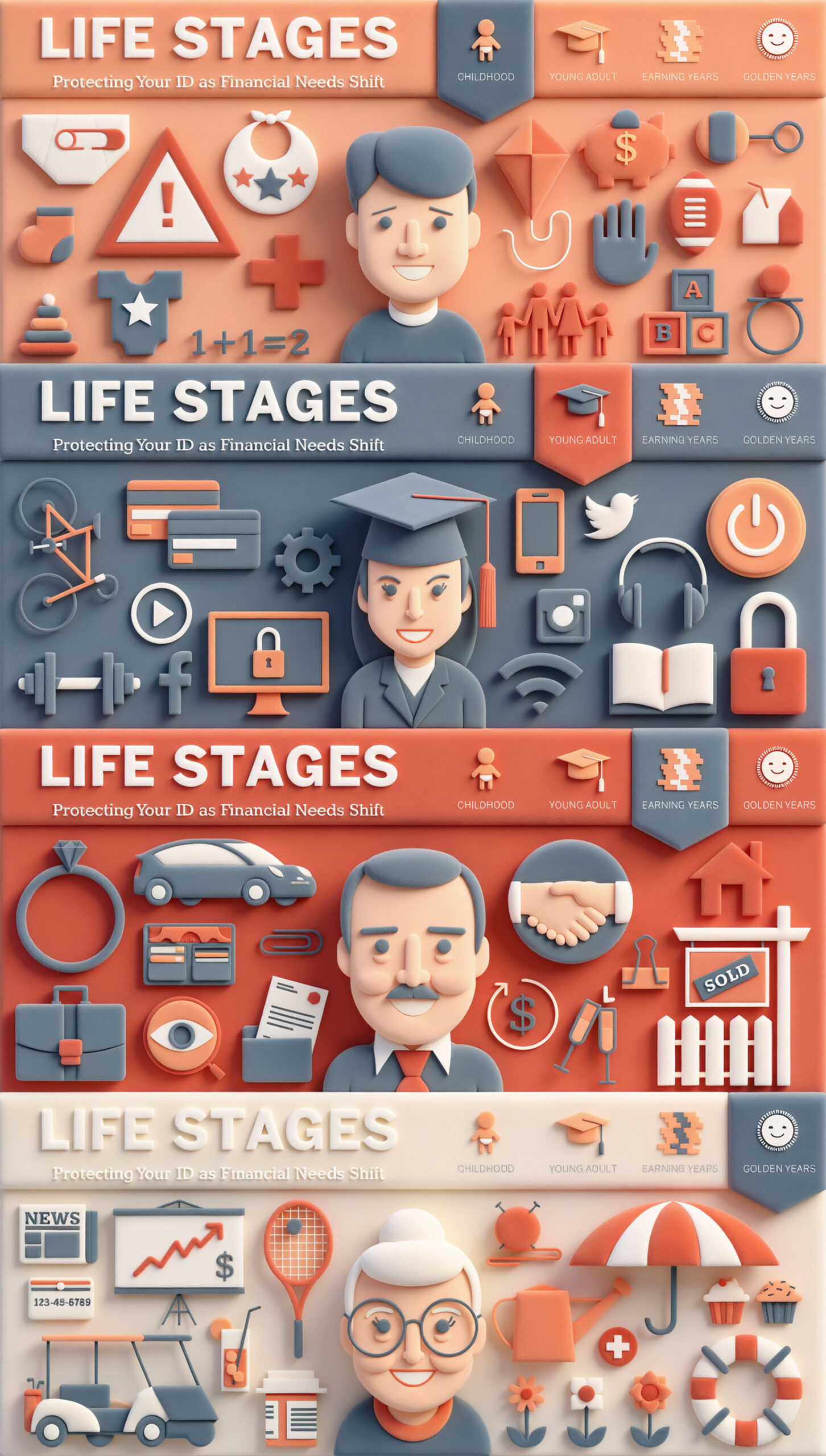 Life Stages infographic for Protect My ID covering identity protection at each stage of life