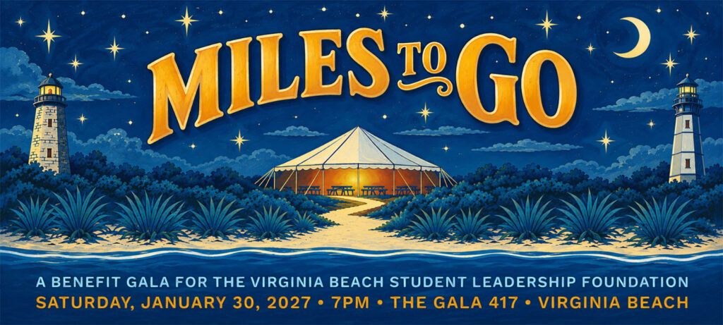 Miles to Go wide event banner with gold lettering and lighthouse beam