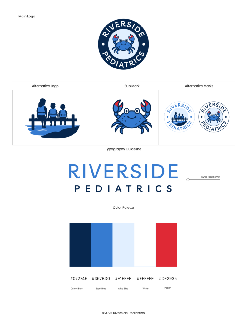 Riverside Pediatrics brand sheet with logos, mascot and color palette