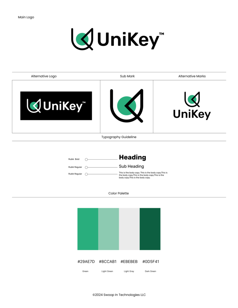 UniKey brand sheet with logo versions and color palette