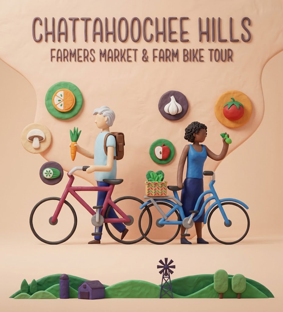 Chattahoochee Hills Farmers Market and Farm Bike Tour poster with a couple biking through farmland