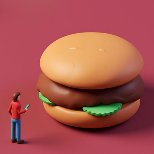 3D clay-style burger illustration with a tiny student for ODU Monarch magazine dining infographic