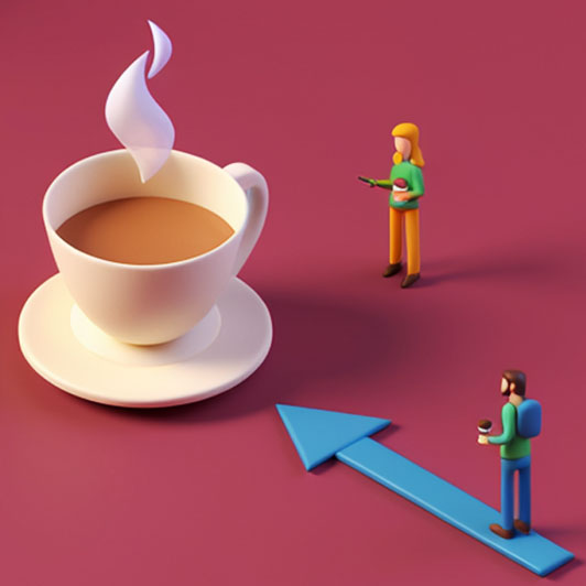 3D clay-style coffee cup illustration with tiny figures for ODU Monarch magazine dining infographic