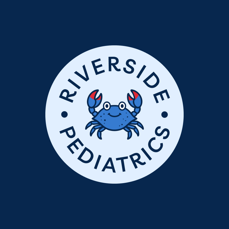 Riverside Pediatrics circular logo with crab mascot on navy
