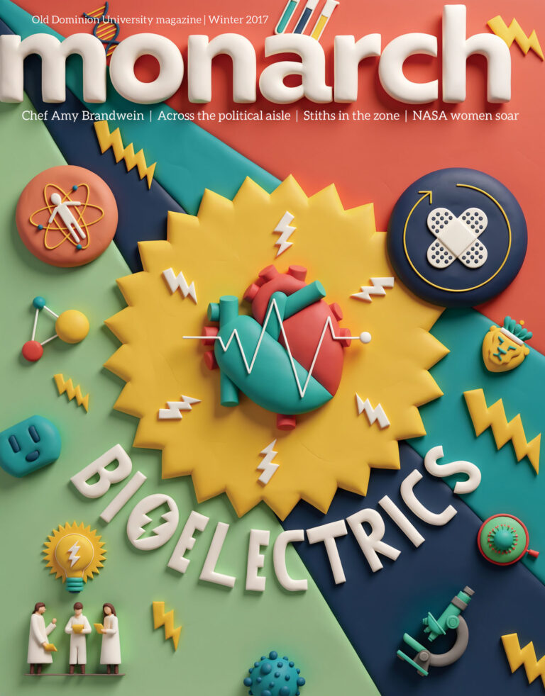 Monarch magazine cover illustration for ODU's bioelectrics research feature with clay-style 3D icons