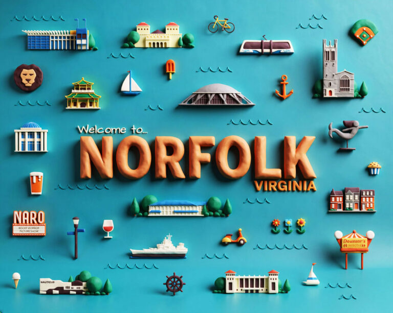 Clay-style 3D illustration of Norfolk, Virginia landmarks on a blue backdrop