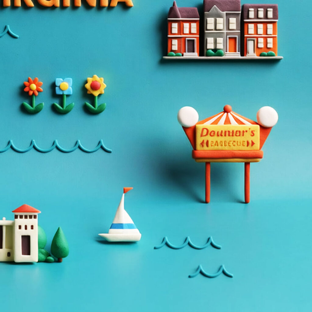 Detail of Norfolk landmarks illustration showing Ghent row houses and Doumar's sign