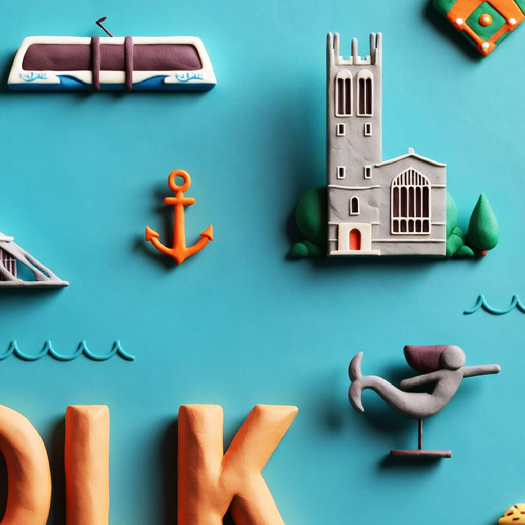 Detail of Norfolk landmarks illustration showing the trolley, church tower and anchor