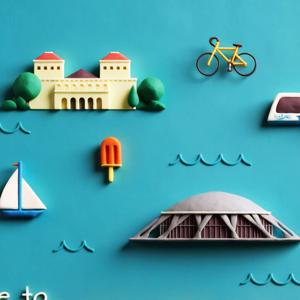 Detail of Norfolk landmarks illustration showing Scope Arena and sailboats