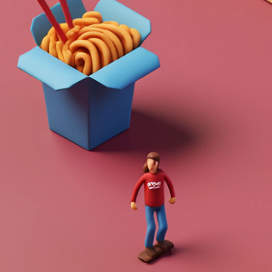 3D clay-style ramen takeout illustration with a tiny student for ODU Monarch magazine dining infographic