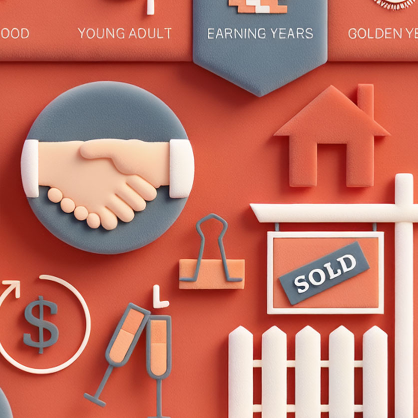 Life Stages 3D illustration of home buying icons for Protect My ID