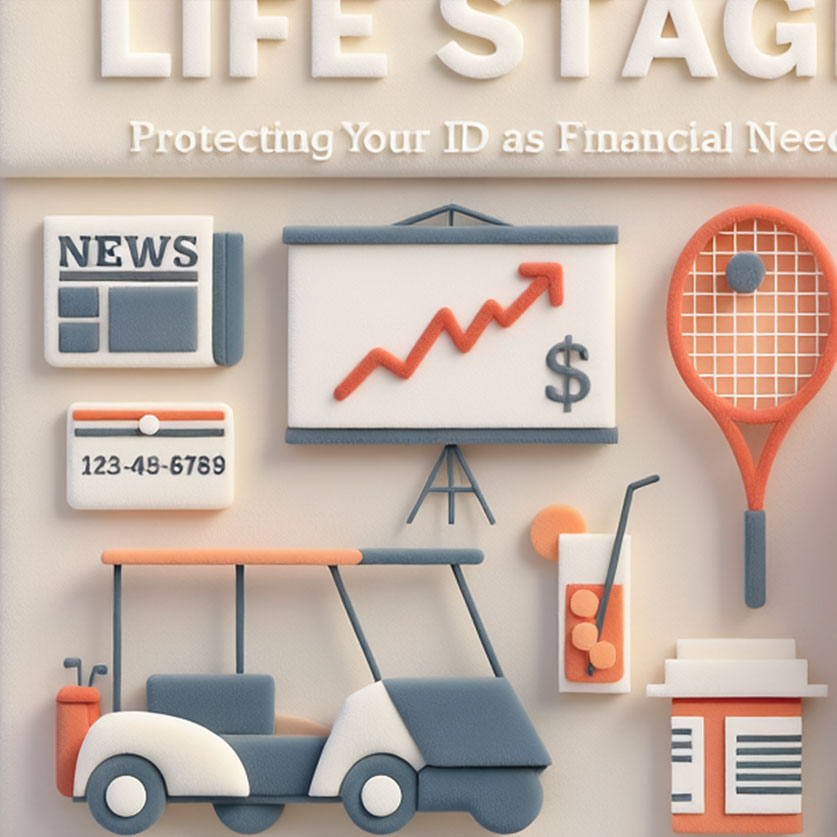 Life Stages 3D illustration of retirement icons for Protect My ID