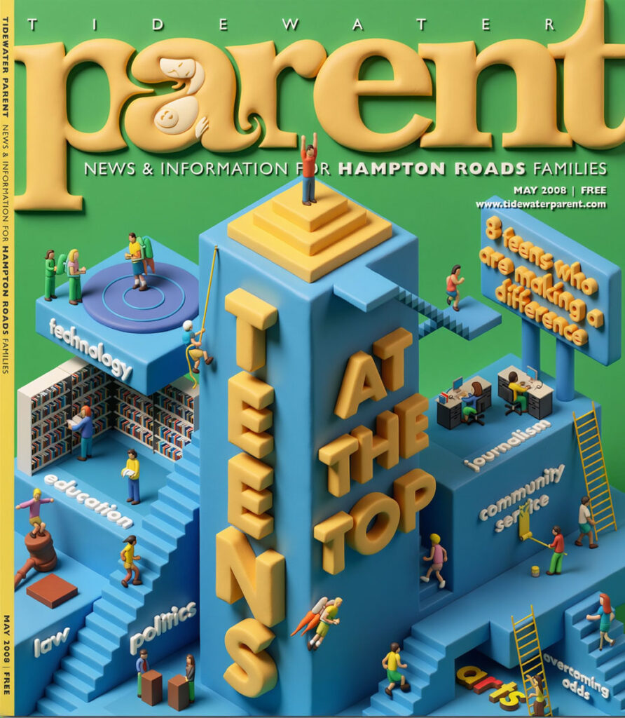 Tidewater Parent magazine cover illustration of teens on an isometric city tower