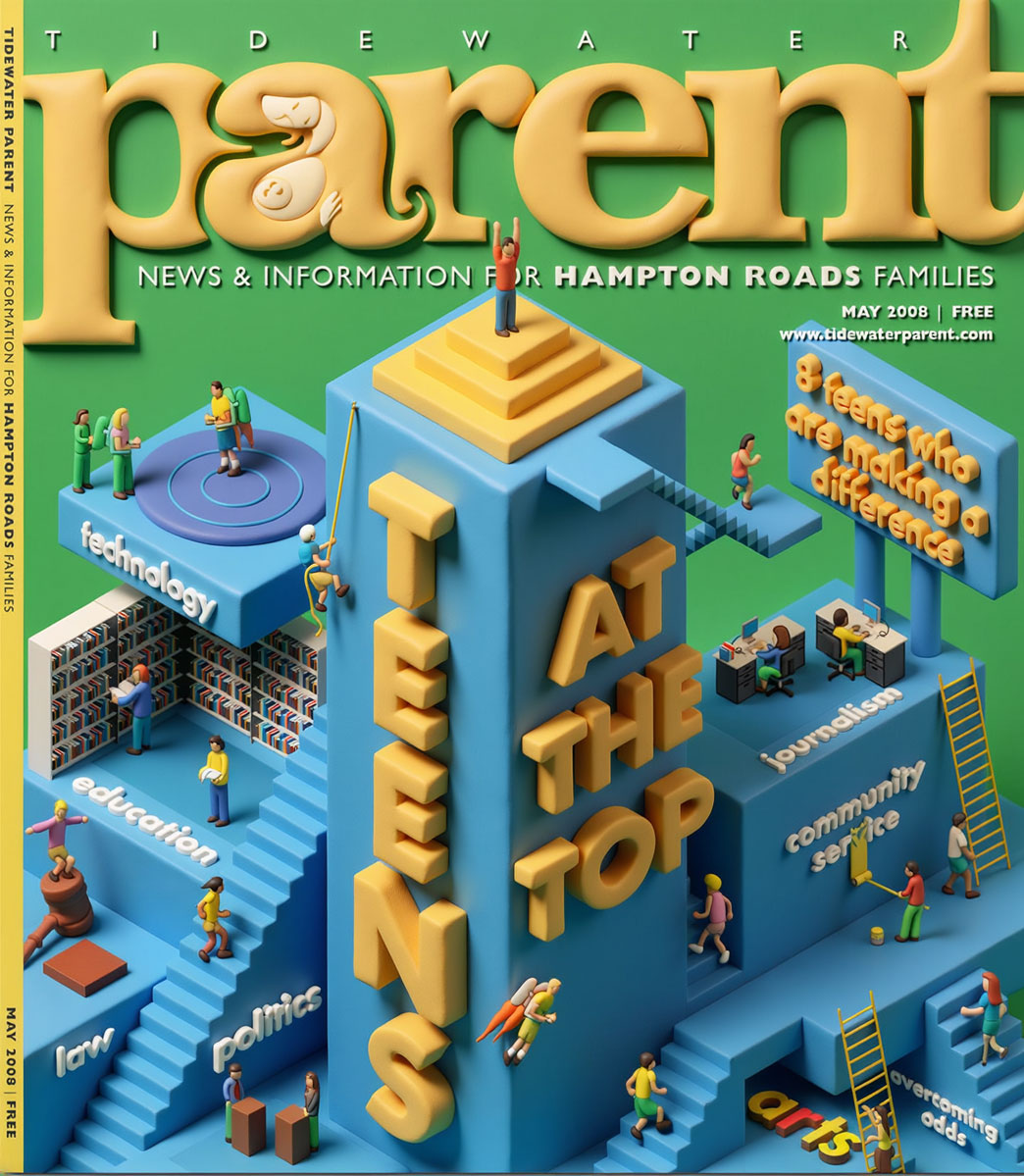Tidewater Parent magazine cover illustration of teens on an isometric city tower